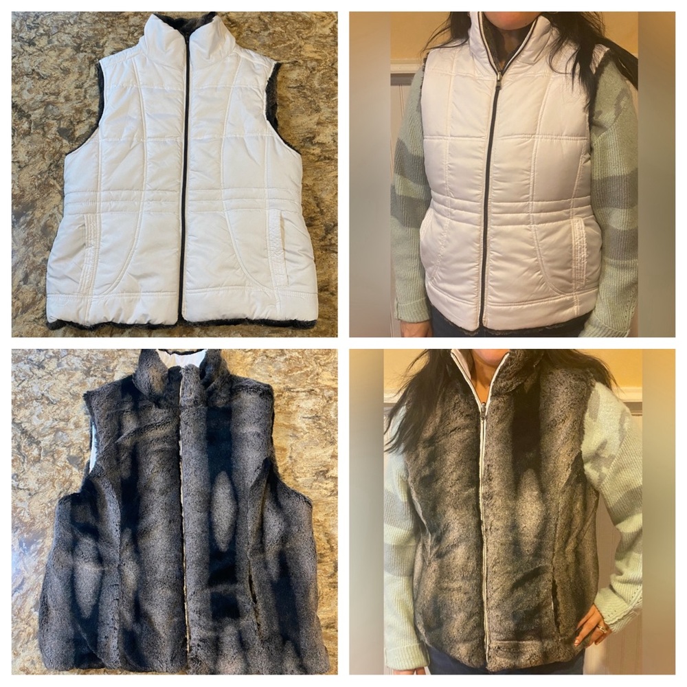 Women’s Reversible Vest - KC Collections - White Vest Reverses to Faux Fur Vest